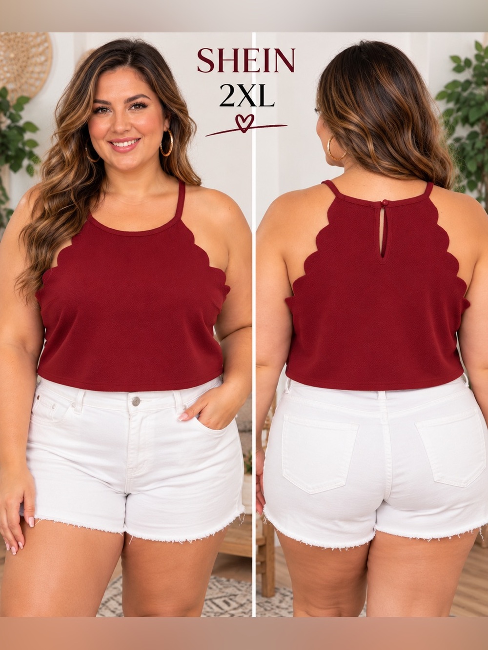 SHEIN 2XL Burgundy Scallop Trim Cropped Halter Tank Top